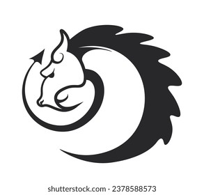 Dragon with long tail and horns, isolated icon of creature from folklore or mythology of China. Chinese culture, reptile being breathing fire. Monochrome sketch outline. Vector in flat style