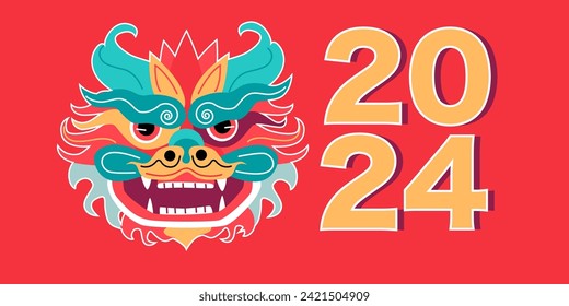 Dragon Lunar New Year 2024 illustration set on dark red background. Chinese New Year elements. Chinese zodiac Dragon. Symbol of Good Fortune. Vibrant Celebrations New Year Clip Art.