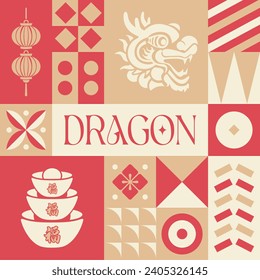 Dragon Lunar New Year seamless pattern in scandinavian style postcard with Retro clean concept design