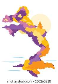 Dragon made of clouds in the sky with a traditional pagoda roof temple vector illustration