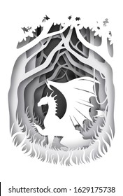 Dragon magical and imaginary fairy tale character silhouette, vector illustration. Beautiful fairytale composition in paper art craft style.