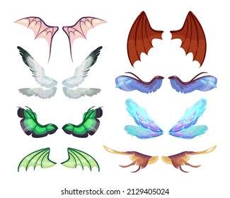 Dragon or magical monsters wings cartoon illustration set. Colorful wings of different shapes isolated on white background. Fantasy, mythical creatures, decorative emblems concept