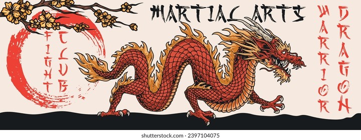 Banner de artes marciales del dragón colorido con inscripción club de lucha cerca de un fantástico monstruo caminando con escalas rojas ilustración vectorial