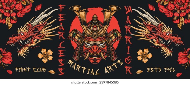 Dragon martial arts colorful banner with head of samurai inviting warriors to become member of fight club vector illustration