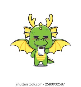 dragon mascot cartoon character vector illustration is tired and sleepy holding coffee. 
design element for poster, brochure, web, mascot, sticker, logo and icon.