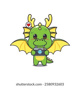 dragon mascot cartoon character vector illustration with camera.
design element for poster, brochure, web, mascot, sticker, logo and icon.