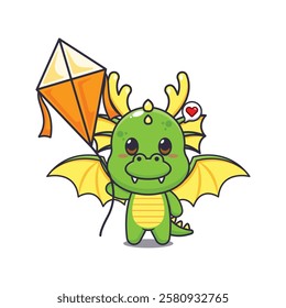 dragon mascot cartoon character vector illustration playing kite.
design element for poster, brochure, web, mascot, sticker, logo and icon.