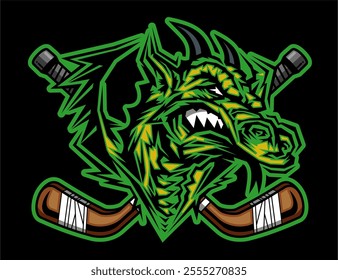 dragon mascot with crossed hockey sticks for school, college or league sports