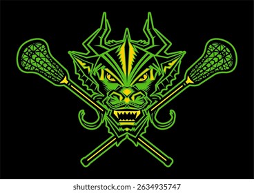 dragon mascot with crossed lacrosse sticks for school, college or league sports