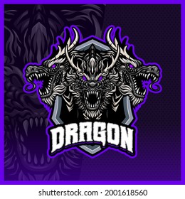 Dragon mascot esport logotipo de diseño ilustraciones de vector plantilla, logotipo de la bestia de tres cabezas para streaming de juegos de equipo