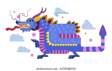 Dragon mascot, isolated fantasy personage or Chinese folklore mythological creature or character. Reptile with tail and horns, muzzle expression showing tongue. Vector in flat style with clouds