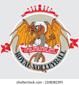 Dragon mascotte of a volleyball team holding a volley ball between his claws. Voleyball coat of arms with a dragon inside.