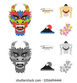 Dragon mask, katano, a man is a sumo player, a fujiama mountain.Japan set collection icons in cartoon,monochrome style vector symbol stock illustration web.
