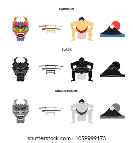 Dragon mask, katano, a man is a sumo player, a fujiama mountain.Japan set collection icons in cartoon,black,monochrome style vector symbol stock illustration web.