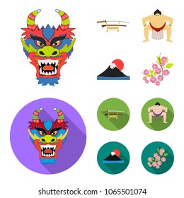 Dragon mask, katano, a man is a sumo player, a fujiama mountain.Japan set collection icons in cartoon,flat style vector symbol stock illustration web.