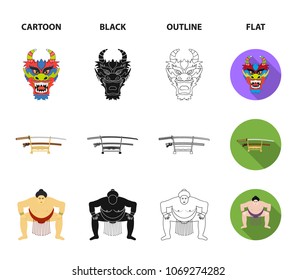 Dragon mask, katano, a man is a sumo player, a fujiama mountain.Japan set collection icons in cartoon,black,outline,flat style vector symbol stock illustration web.
