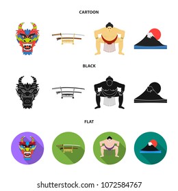 Dragon mask, katano, a man is a sumo player, a fujiama mountain.Japan set collection icons in cartoon,black,flat style vector symbol stock illustration web.