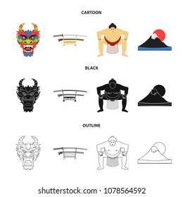 Dragon mask, katano, a man is a sumo player, a fujiama mountain.Japan set collection icons in cartoon,black,outline style vector symbol stock illustration web.