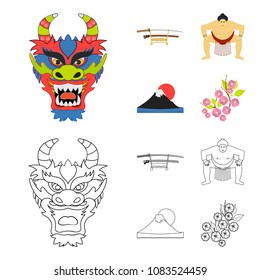 Dragon mask, katano, a man is a sumo player, a fujiama mountain.Japan set collection icons in cartoon,outline style vector symbol stock illustration web.