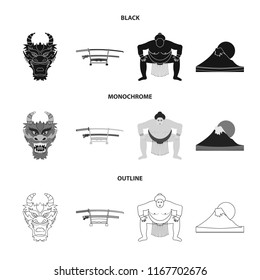 Dragon mask, katano, a man is a sumo player, a fujiama mountain.Japan set collection icons in black,monochrome,outline style vector symbol stock illustration web.
