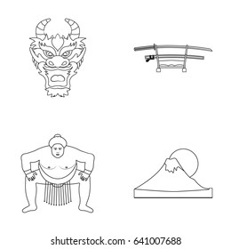 Dragon mask, katano, a man is a sumo player, a fujiama mountain.Japan set collection icons in monochrome style vector symbol stock illustration web.