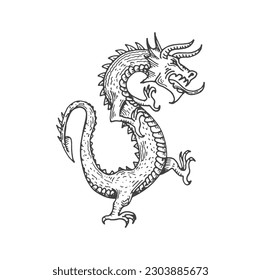 Dragon medieval heraldic animal monster sketch. Mythical horned dragon, legend beast or fantasy animal history heraldry sketch vector insignia. Mythology creature, coat of arms hand drawn monster