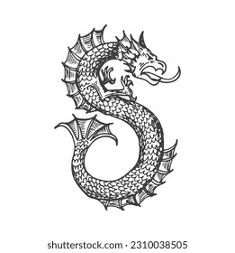 Dragon medieval heraldic animal monster sketch. Magic sea dragon, medieval map fantasy beast. Ancient heraldic sketch insignia or heraldry symbol mythical creature, hand drawn vector legend animal