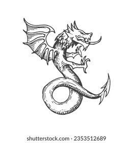 Dragon medieval heraldic animal monster sketch. Magic animal, legend beast or fantasy creature medieval crest engraved vector sign. Mythical dragon ancient heraldry sketch insignia or heraldic symbol