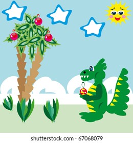 The dragon meets Christmas on the sea. illustration.