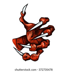 Dragon or monster paw with claws. Wild tattoo. Horror sticker. Halloween symbol. Digital line art for t-shirt, print, fabric, sticker, art. Vector