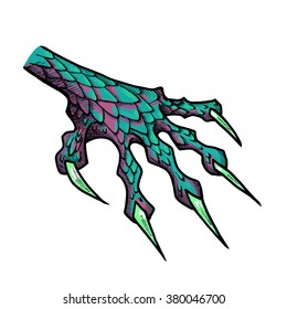 Dragon or monster paw with claws. Wild tattoo. Horror sticker. Halloween symbol. Digital line art for t-shirt, print, fabric, sticker, art. Vector