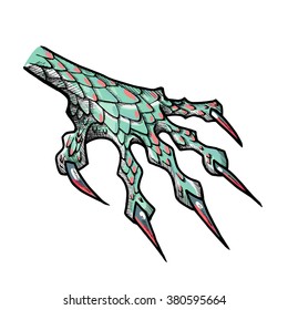 Dragon or monster paw with claws. Wild tattoo. Horror sticker. Halloween symbol. Digital line art for t-shirt, print, fabric, sticker, art. Vector