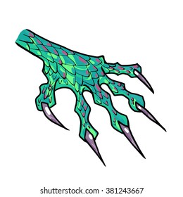 Dragon or monster paw with claws. Wild tattoo. Horror sticker. Halloween symbol. Digital line art for t-shirt, print, fabric, sticker, art. Vector