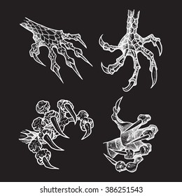 Dragon or monster paw with claws. Wild tattoo. Horror sticker. Halloween symbol. Digital line art for t-shirt, print, fabric, sticker, art. Vector