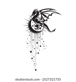 Dragon , Moon and stars Icon Vector illustration. Boho Witch and Magic symbol. mystic art sign, emblem isolated on white background, Flat style for graphic and web design, logo, sticker, tattoo