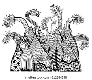 Dragon mountain. Coloring book. Hand drawn vector illustration with geometric and floral elements.