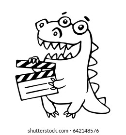 Dragon with movie clapper board. Vector illustration. Funny cute imaginary character.