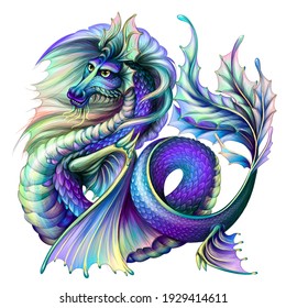  Dragon. Multi-colored, water dragon in watercolor style on a white background. Digital vector graphics.