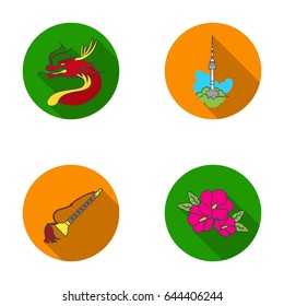 Dragon with mustache, Seoul tower, national musical instrument, hibiscus flower. South Korea set collection icons in flat style vector symbol stock illustration web.