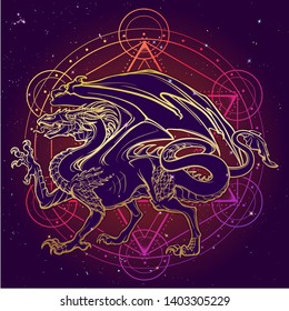 Dragon. Mythilogical winged creature. Sacred geometry sign and a starry nightsky background. Vintage art nouveau style concept art for horoscope or tattoo.