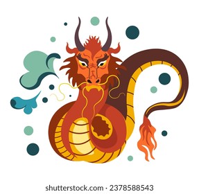 Dragon mythological creature, isolated fantasy character with fearsome expression, fiery tail. Reptile or beast with horns. Chinese folklore and fairytales. Vector in flat style illustration