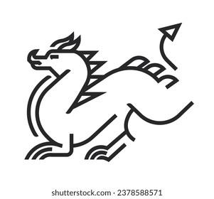 Criatura mitológica o folclórica del dragón con cola y cuernos, piernas y cuerpo. Reptile aislado, animal folclórico de la mitología china o cuentos culturales. Esbozo monocromo. Vector de estilo plano