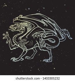 Dragon. Mythological winged creature on a starry night sky background. Vintage art nouveau style concept art for horoscope or tattoo.