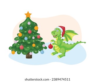 Dragon near the Christmas tree. Cute Christmas illustration depicting a dragon with a Christmas tree toy near the Christmas tree. A symbol of the new year. Vector