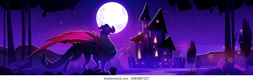 Dragon near medieval castle at night cartoon illustration. Magic fairy tale kingdom palace vector background with mythical beast character. Ancient Halloween spooky legend scene for game design.