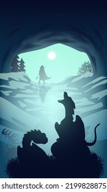 Dragon nest. Wizard in the cave. Vector illustration.