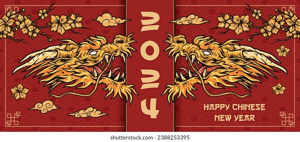 Dragon new year colorful sticker with numbers 2024 and two heads golden lizard with tree branches and clouds vector illustration