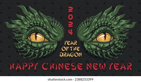 Dragon new year colorful sticker to promote Chinese festival with numbers 2024 and wish to have great time vector illustration