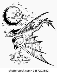 Dragon in the night sky.  Print on poster, card, sticker, T-shirt. Vector.