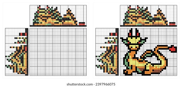 Dragon Nonogram Pixel Art.  Logic Puzzle Game .Colorful japanese crossword. Paint by number puzzle. Color Picross. Picture Paint By Numbers symbol of 2024 